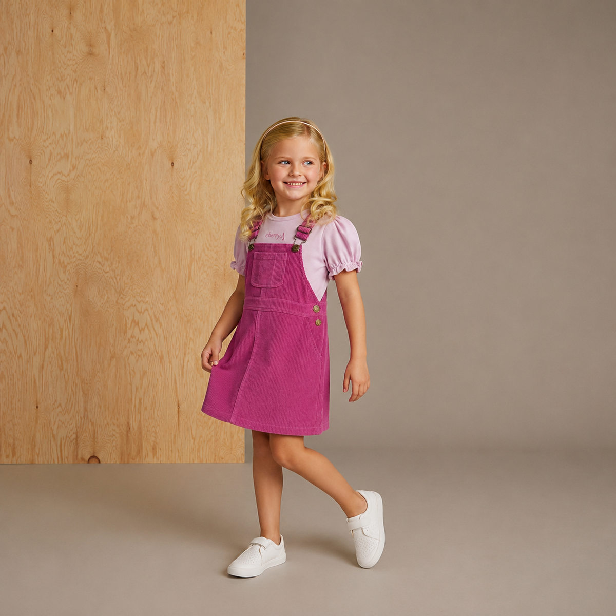 Magenta Pink Corduroy Texture Cotton Corduroy A-Line Dungaree Dress