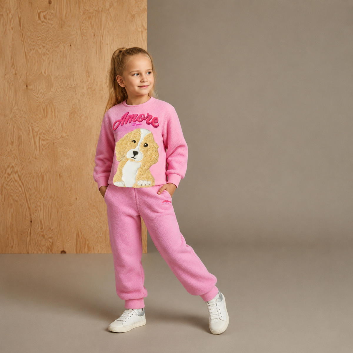 Pink Solid Applique Charming Elegant Winter Nightsuit