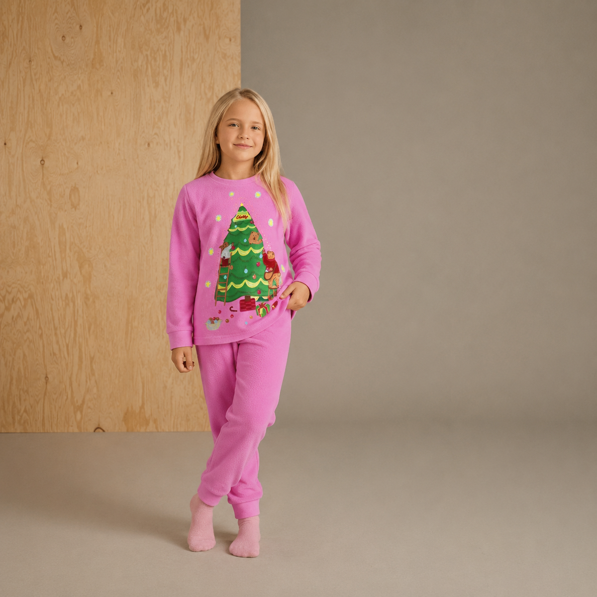 Pink Solid Applique Playful Smart Winter X-Mas Nightsuit
