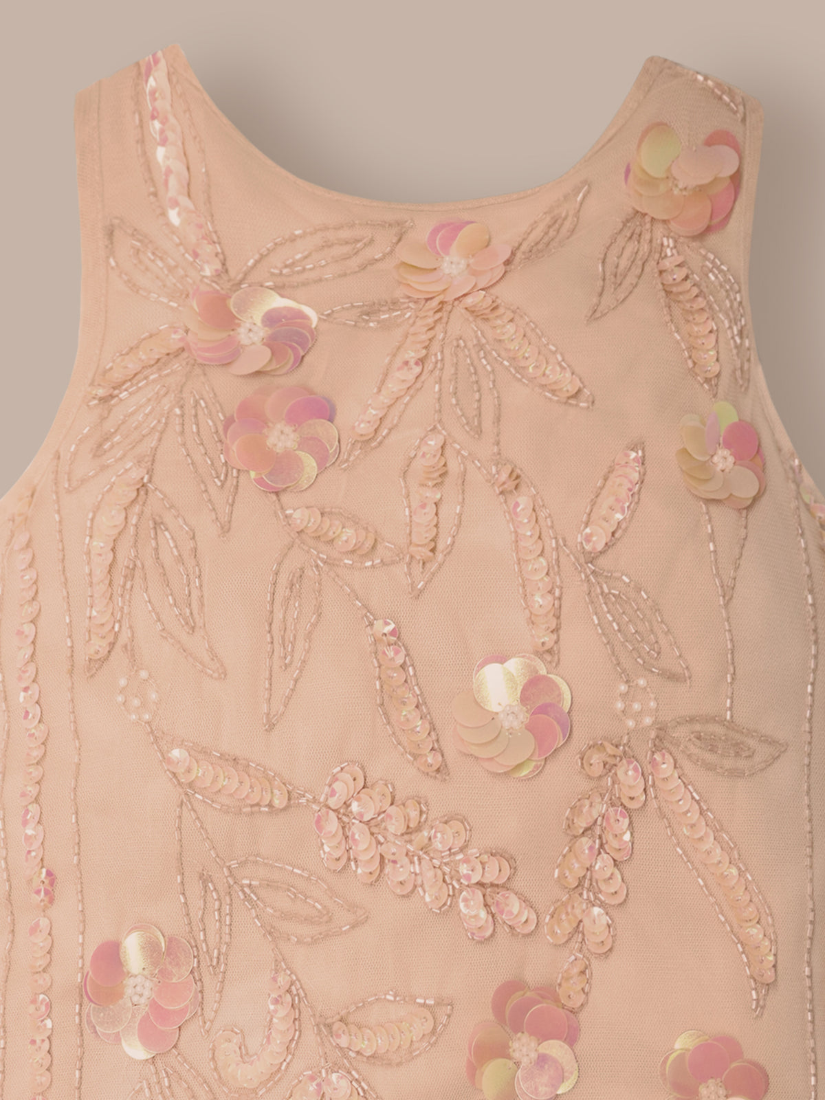Golden Glimmer Embroidered Sequined Round Neck A-Line Dress