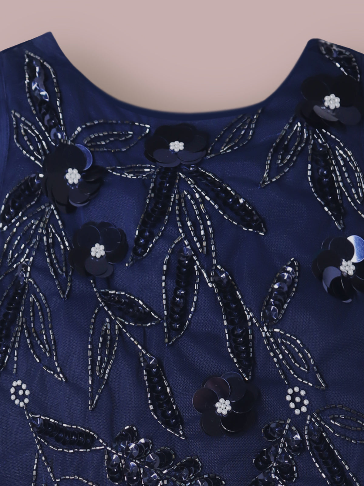 Girls Navy Blue Sequin Appliqué Dress – Sleeveless Party Wear