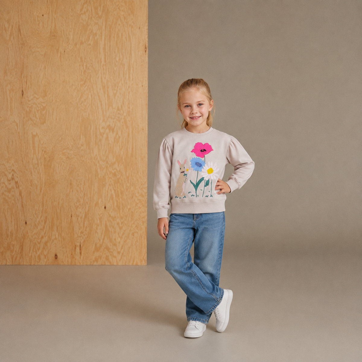 Cream Solid Applique Charming Classic Winter Sweatshirt