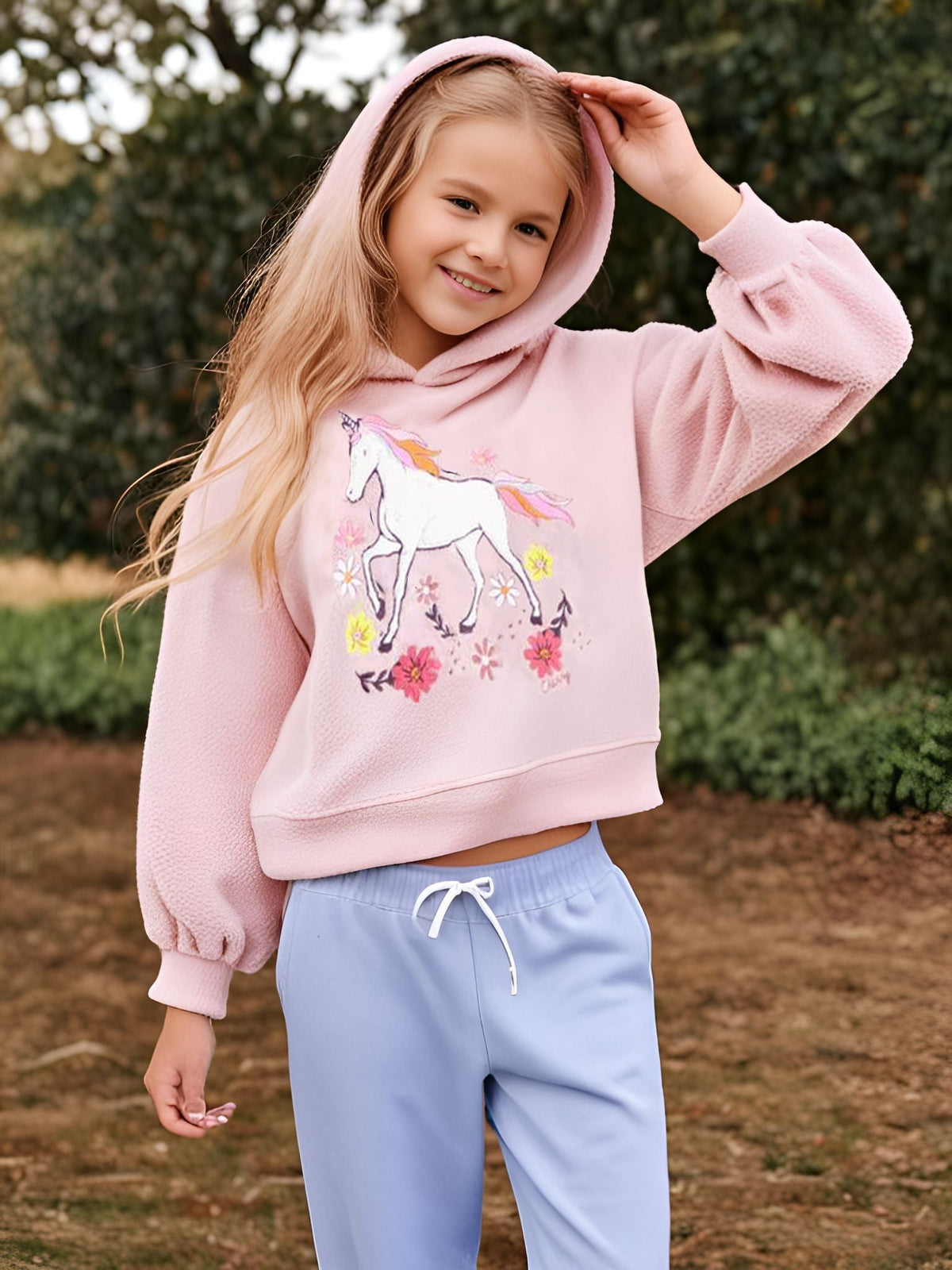 Cherry Crumble Salmon Solid Full Sleeves Hooded Loose Fit Applique Sweatshirt