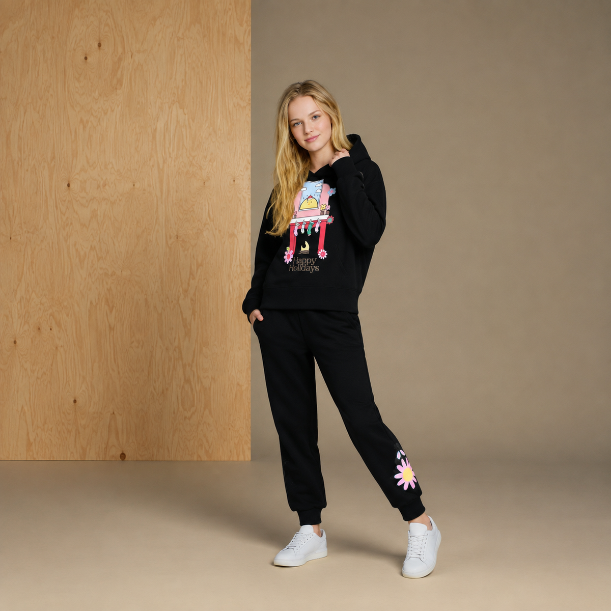 Black Graphic Print Girls Sweat Set