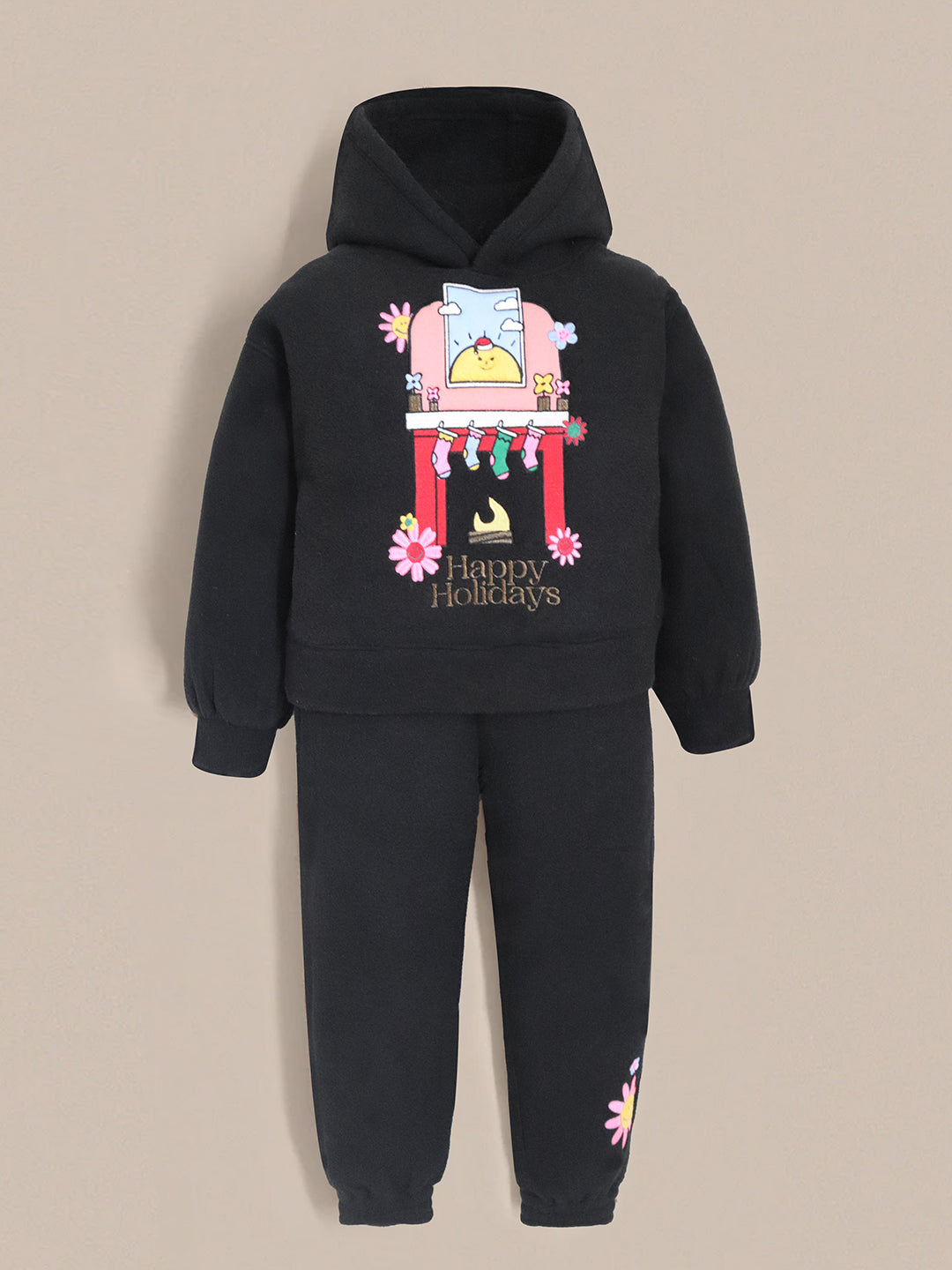 Cherry Crumble Black Solid Applique Embroidered Cozy Sweatshirt Set