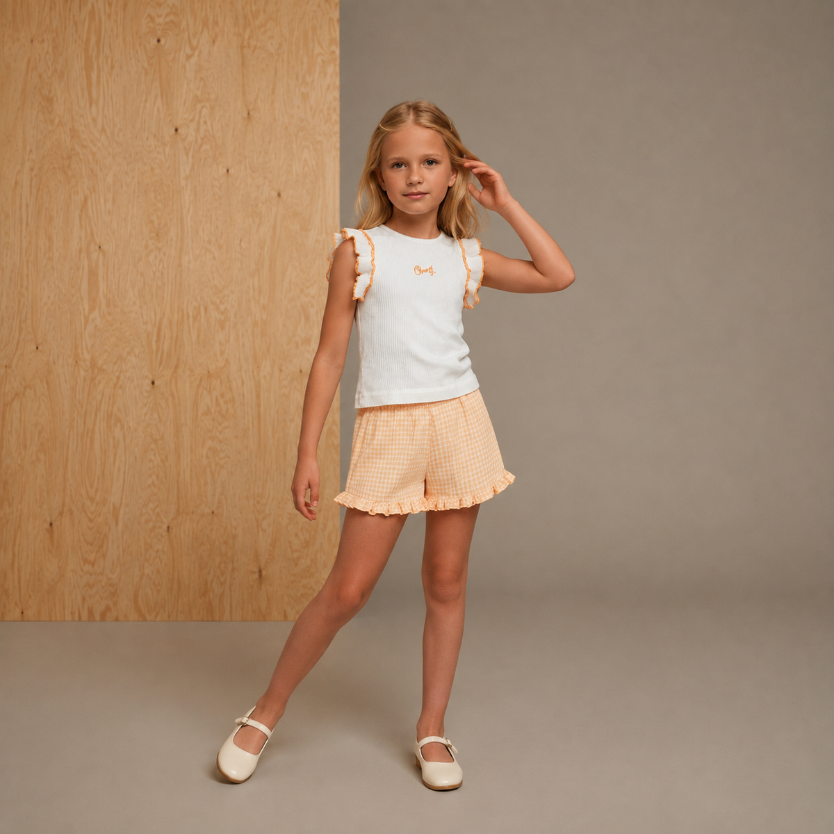 Cream & Orange Rib Gingham Embroidered Snug Set