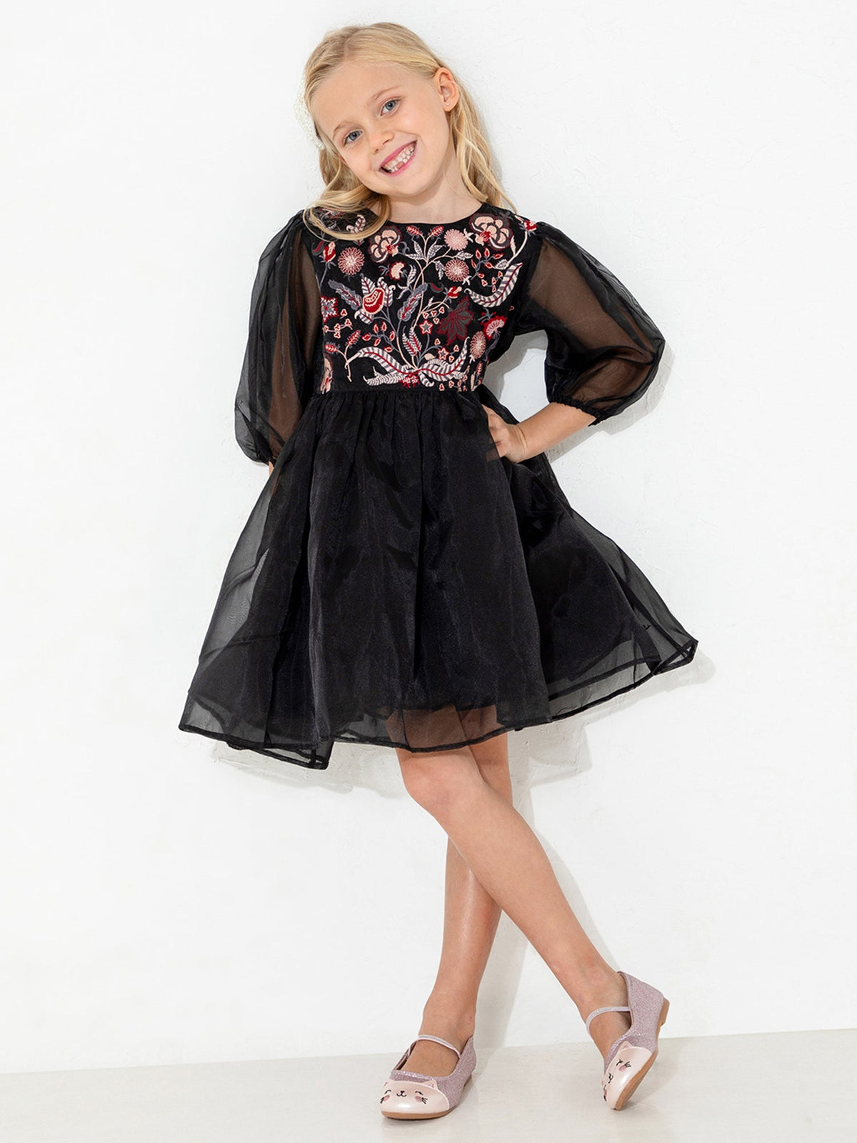 Cherry Crumble Black Embroidered Charming Classic Dress