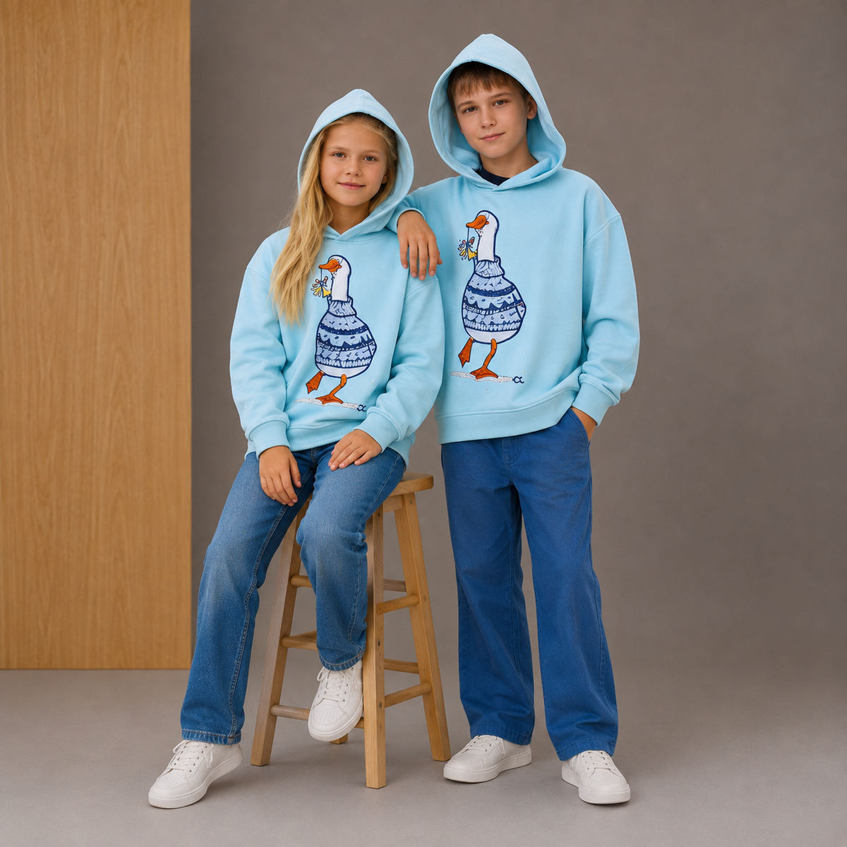 Sky Blue Animal Embroidered Unisex Hoodie